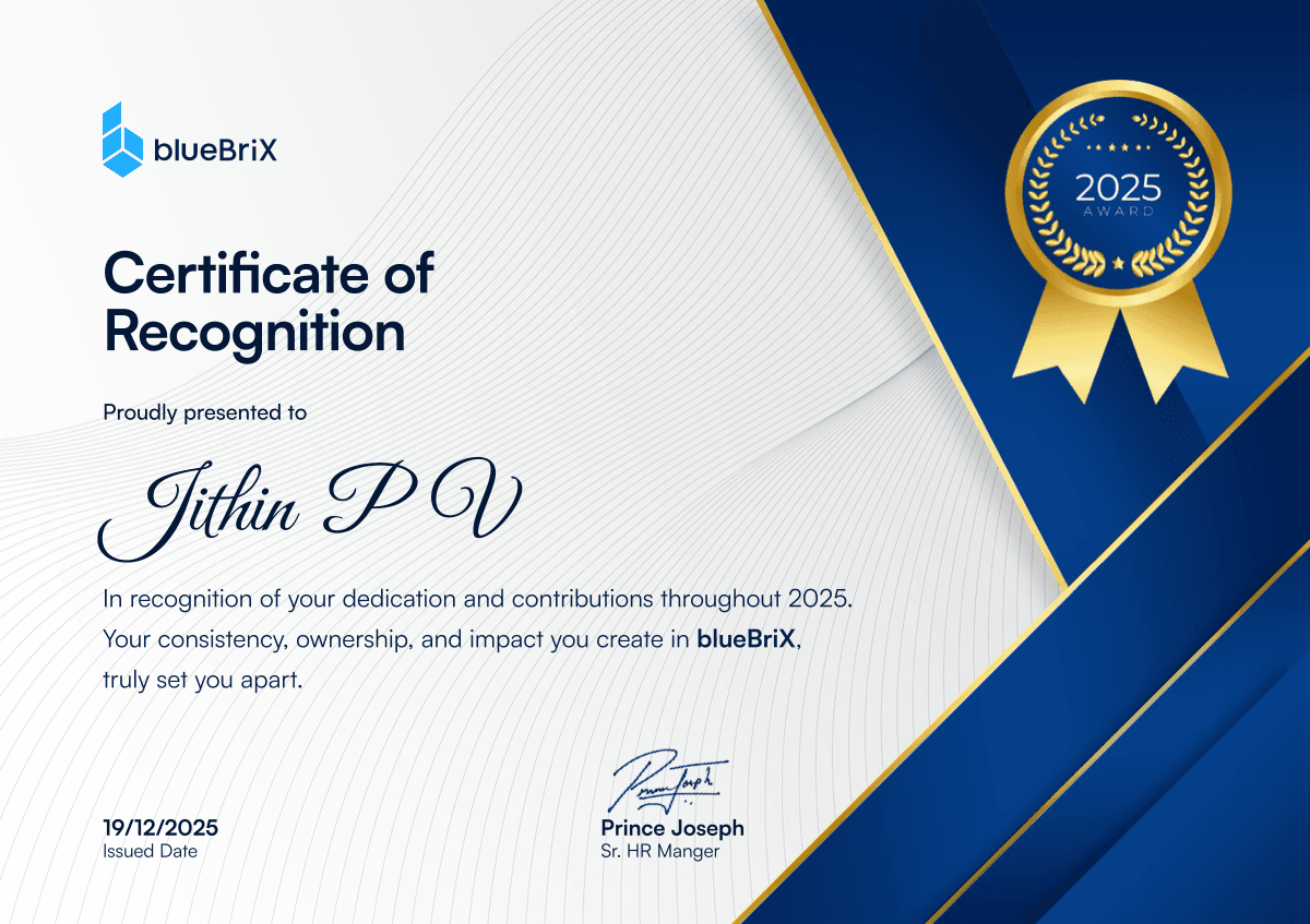 Certificate of Recognition from blueBriX