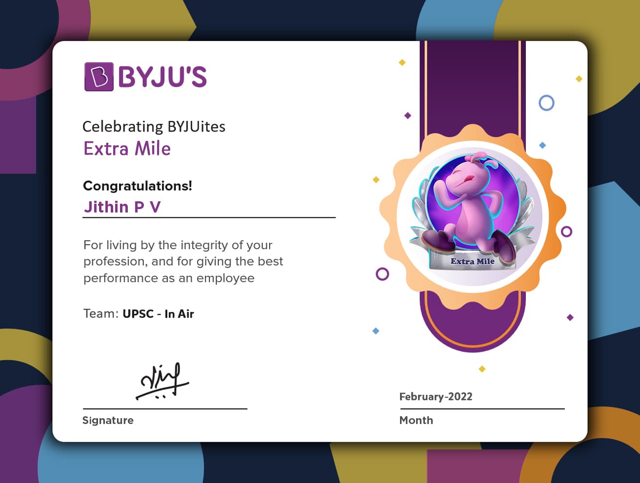 Extra Mile certificate
